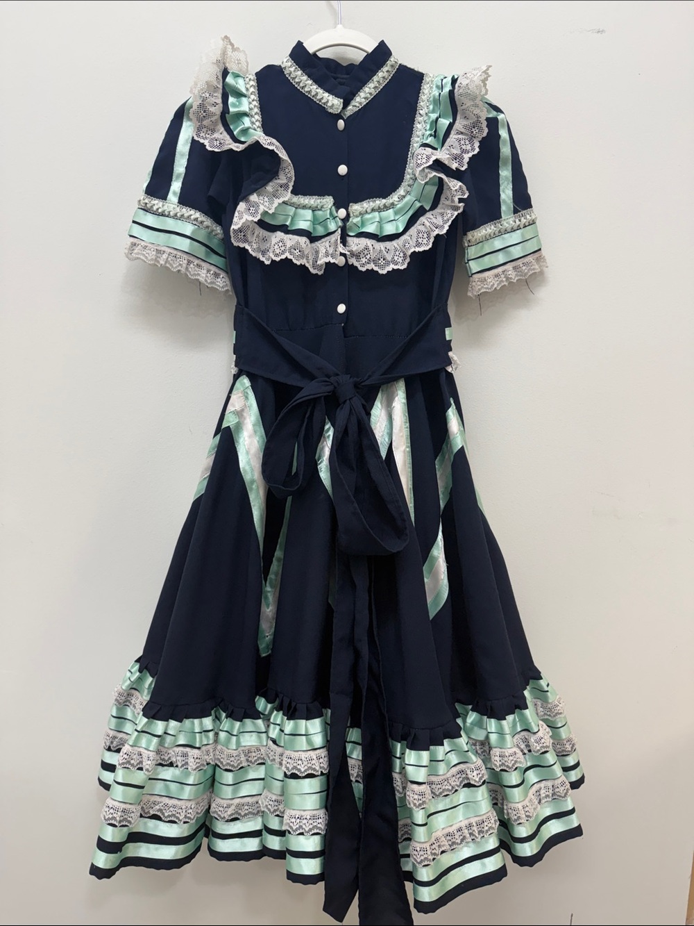 Vintage Cottagecore Navy & Mint Ruffle Girls' Dress with Lace Trim